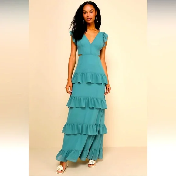 Lulus | Dresses | Lulus Elegant Mentality Teal Blue Ruffled Tiered Cutout  Maxi Dress | Poshmark